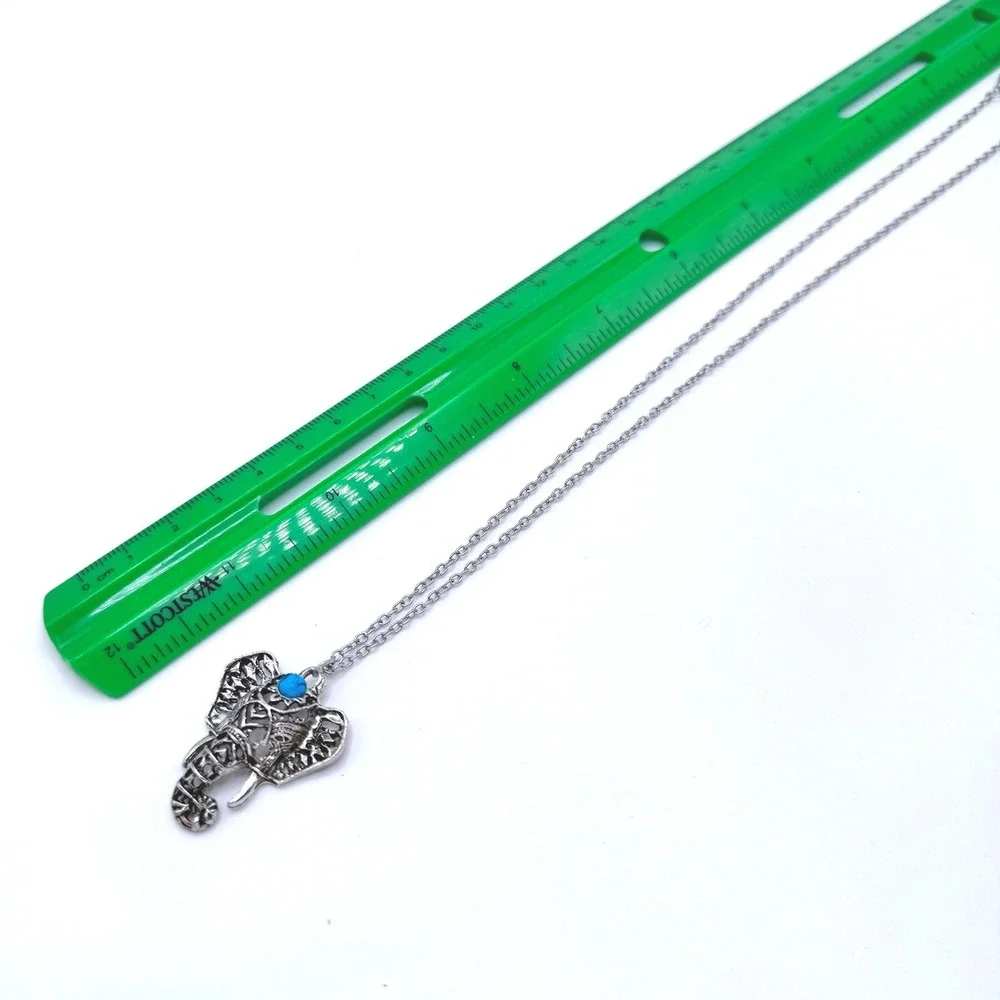 Silver Tone Elephant Necklace Blue Turquoise Style Stone‎ Boho Statement Pendant